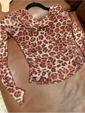 Ruched Leopard Print Long Sleeve Top - Brown/Tan
